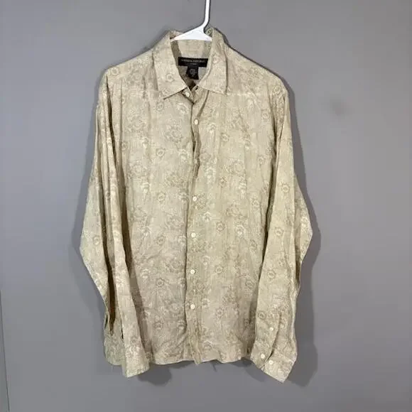 Banana Republic Shirt Mens Medium Beige Floral Linen Long Sleeve Button Up