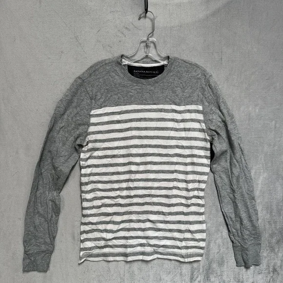 Banana Republic Shirt Mens Small Gray White Striped Thermal Long Sleeve Crewneck