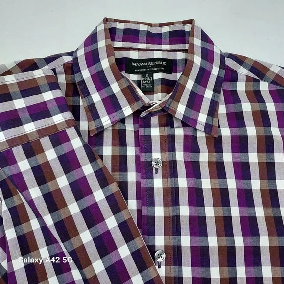 Banana Republic Mens‎ Non Iron Tailored Slim Fit Purple Plaid Dress Shirt S 14.5