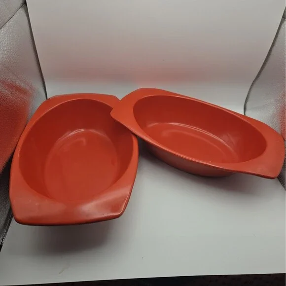 Vintage PROLON Ware Orange Enamel Trays, set of 2   FLORENCE MASS. 9946