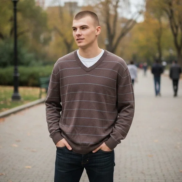 Banana Republic Mens Sweater Large‎ Brown Blue Striped V Neck Cotton