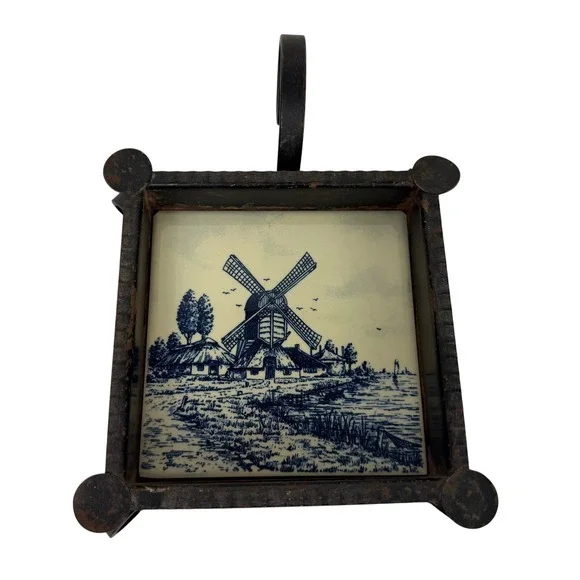 Vintage Delft Blue Hand Painted Windmill Tile Wrought Iron Footed Ashtray‎
