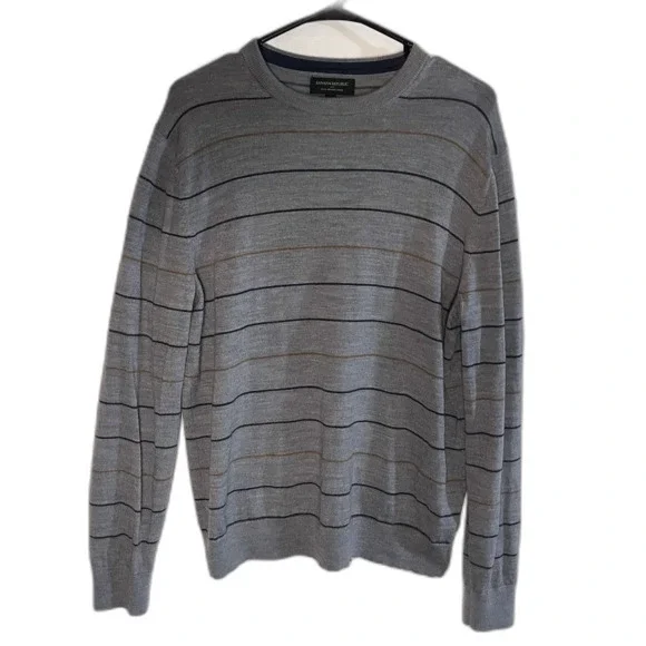Banana Republic 100% Merino Wool Sweater‎ Men's L Gray Striped Pullover
