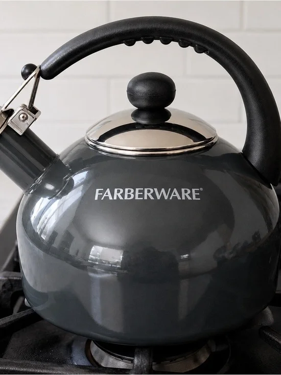 Farberware Dark Gray Whistling Stovetop Tea Kettle with Black Handle