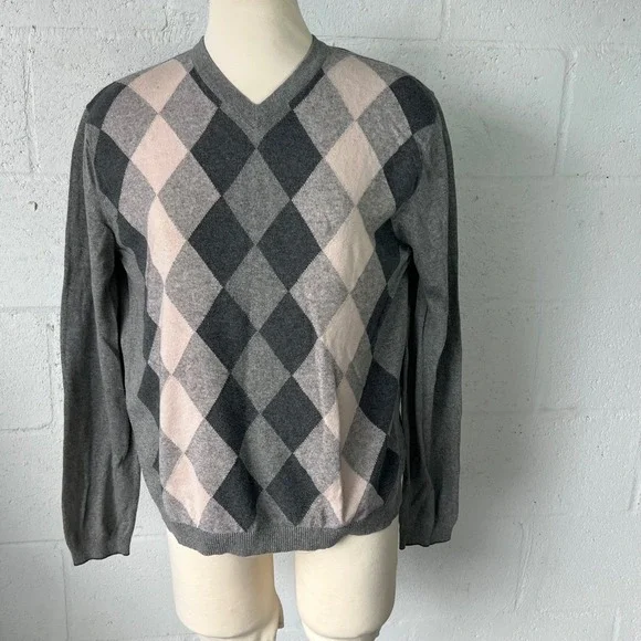 Banana Republic Mens Sweater Silk Cashmere Argyle Gray Size M