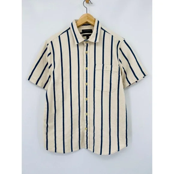 Banana Republic Button Down Shirt‎  Medium Cream Blue Striped Short Sleeve