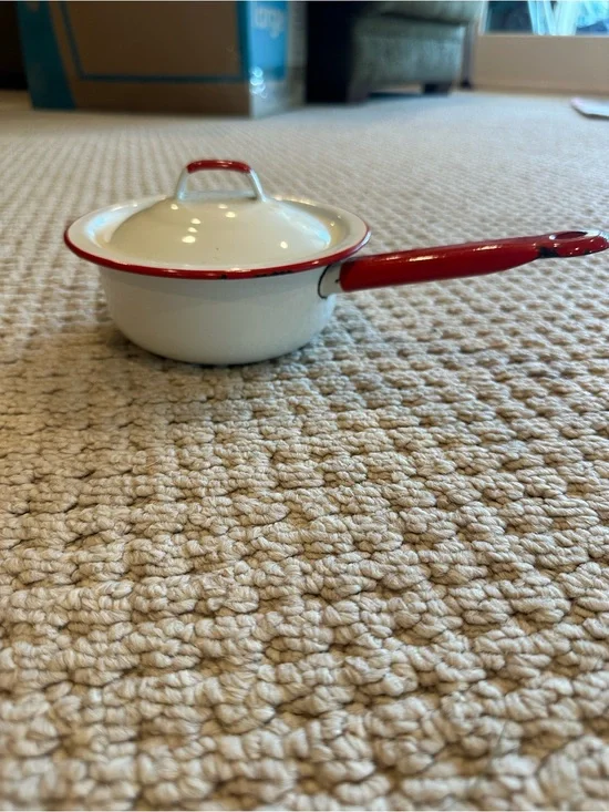 Vintage Enamel Saucepan with Lid - White and Red