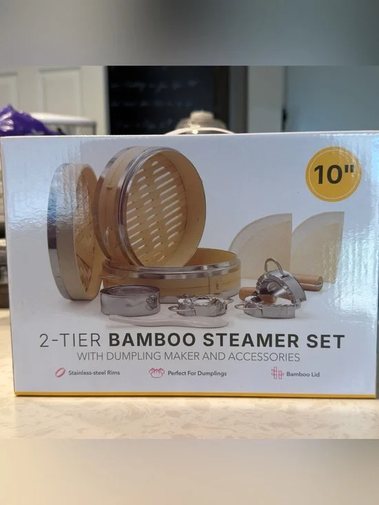 2-Tier Bamboo Steamer Set with Stainless Dumpling Maker & Accessories
