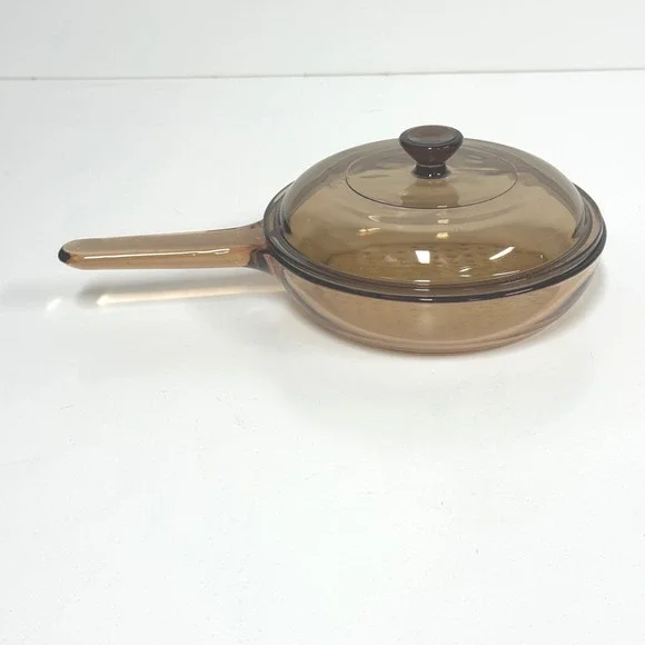 Vision Corning France Amber Glass Skillet Waffle Bottom with Lid 7 Inch Pan