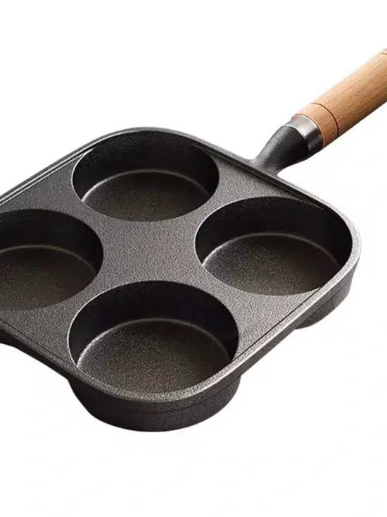 Cast Iron 4-Cup Pancake & Egg Pan with Wooden Handle - Black
