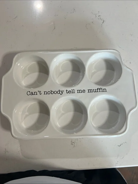 Mud Pie White Ceramic 6-Cup Muffin Baker with Playful Text