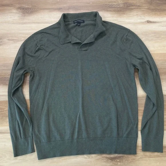 Banana Republic Polo Sweater Large Silk Linen Blend Johnny Collar Green Mens