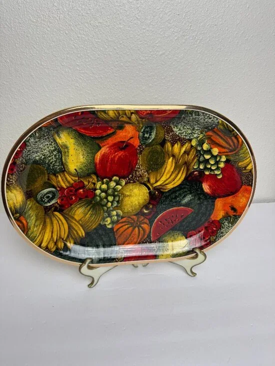 Vintage Mid Century Oval Serving Tray Fruit Still Life Gold Metal Rim Decor