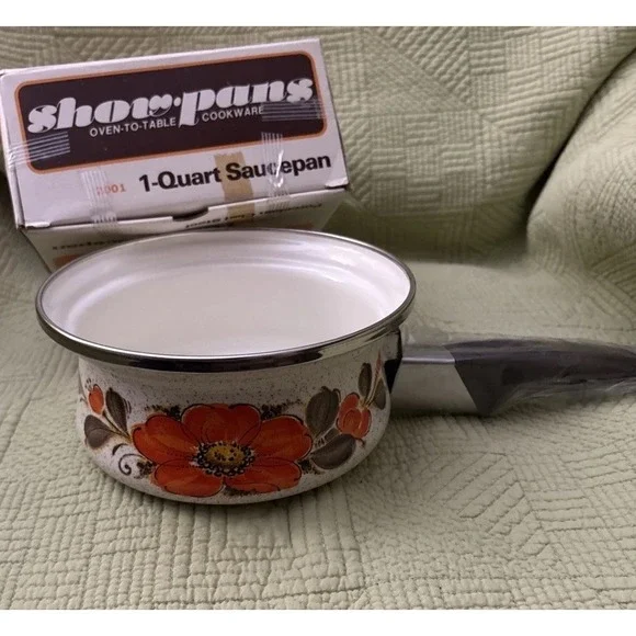 Vtg Show Pans 1 Qt Saucepan Orange Floral Enamel Sanko ware new w/ Box Retro