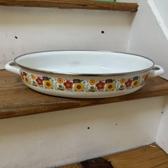 Vintage Enamelware Roasting Pan Retro 70’s Orange Yellow Flowers 13x9.5x2 3/8”D