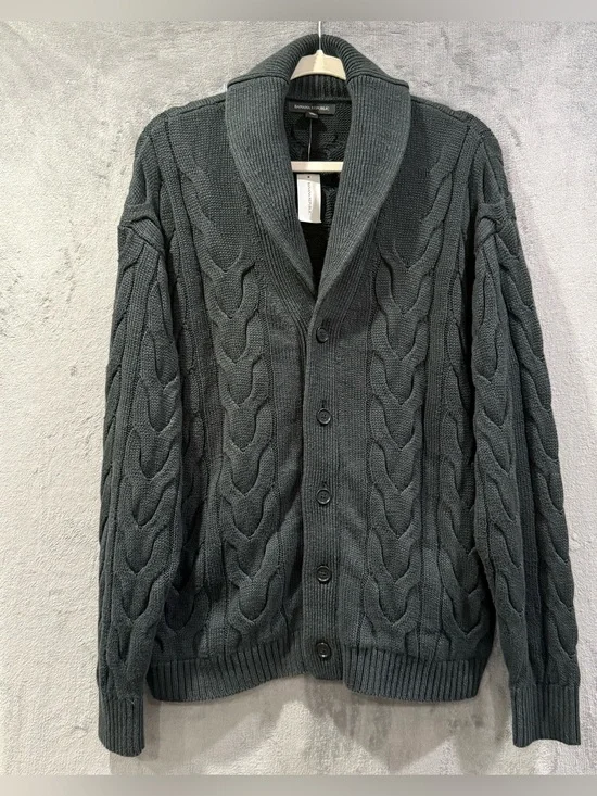 Banana Republic Shawl Collar Knit Cardigan Charcoal Sweater Size M Hemp Blend