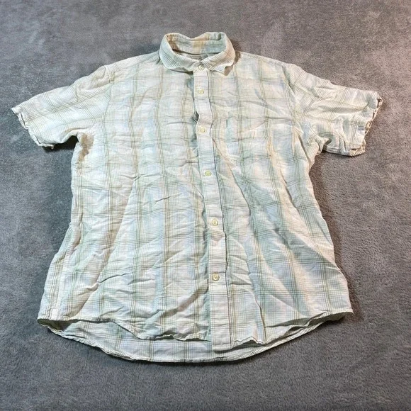 Banana Republic Shirt Men's Large Cream Linen Cotton‎ Plaid Outdoorsy Button Up