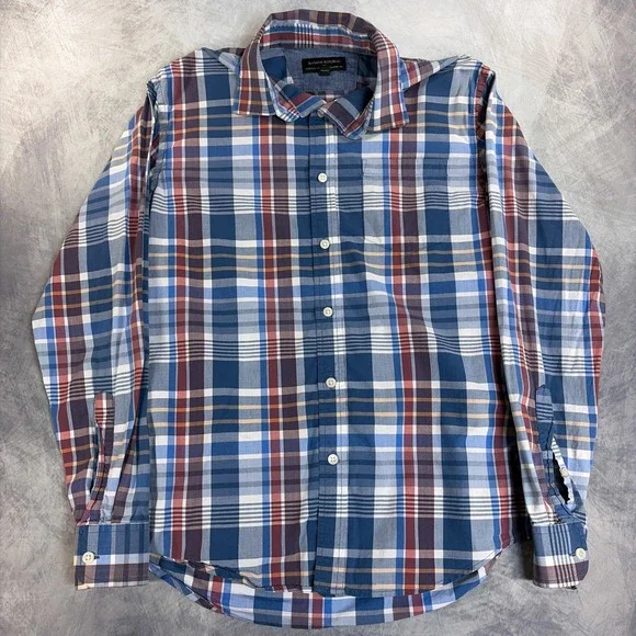 Banana Republic Button Down Shirt Mens S Blue Plaid Stretch Soft Wash Standard