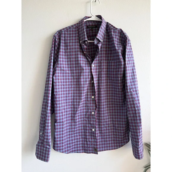 Banana Republic Tech Stretch Cotton Plaid Button Down Shirt Mens Medium Blue Red