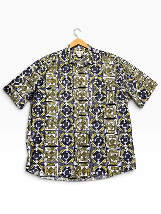 Vintage 90s Banana Republic Safari Travel Geometric Abstract Short Sleeve Shirt