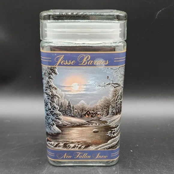 Jesse Barnes Blue New Fallen Snow Glass Storage Jar Canister Winter Cabin Art