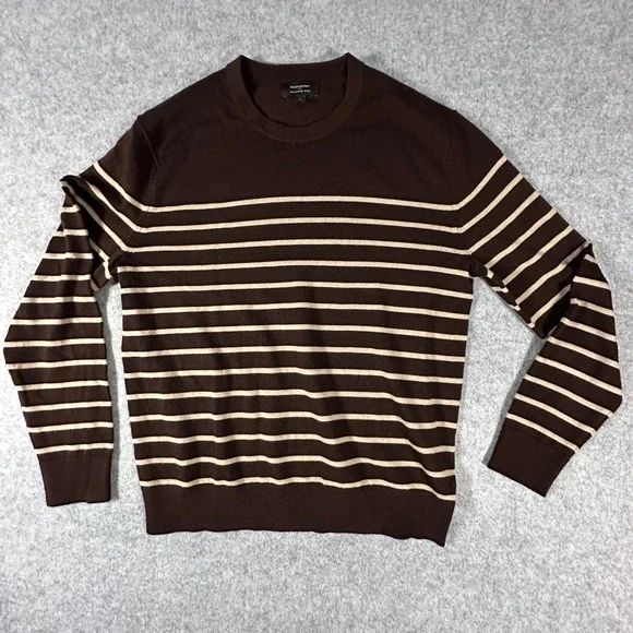 Banana Republic Sweater Medium Brown Mens Striped Merino Wool Crewneck