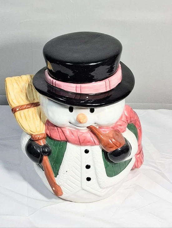 Frosty the Snowman Vintage Hand Painted Festive Holiday Cookie Jar with Lid