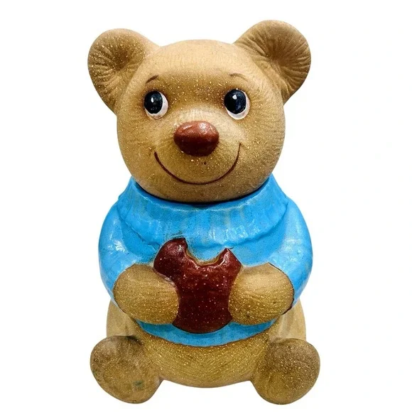 VTG~Metlox Pottery~Poppytail Line~ Blue Sweater Teddy Bear Ceramic Cookie Jar‎