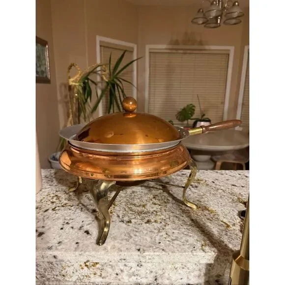 Vintage copper chafing dish 11” food warmer wooden handle
