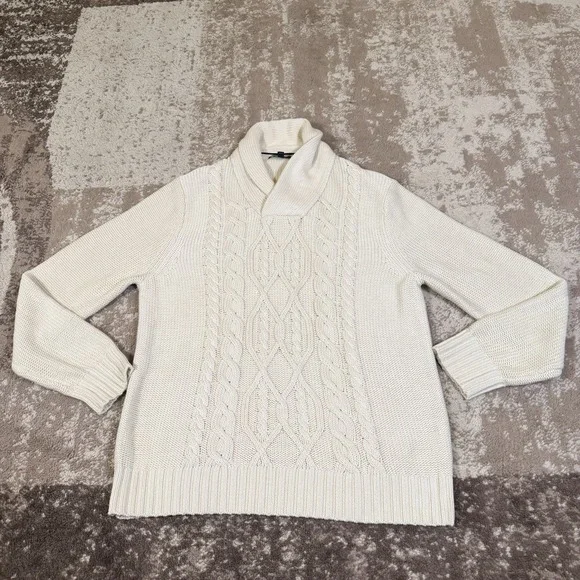 Banana Republic Sweater Mens Large Cream Fisherman Shawl Cable Knit Thick 3D