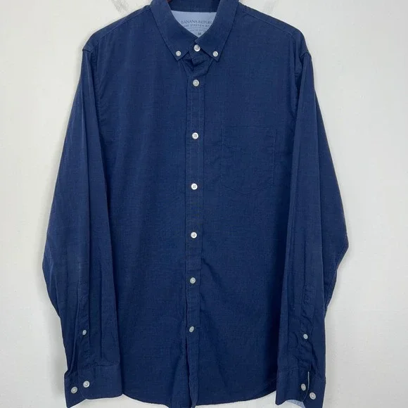 Banana Republic Luxe Stretch Poplin Grant Slim Fit Button Down Shirt Navy Mens M