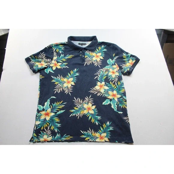 Banana Republic Polo Shirt Mens Extra Large Blue Excellent Tropical Floral Pique