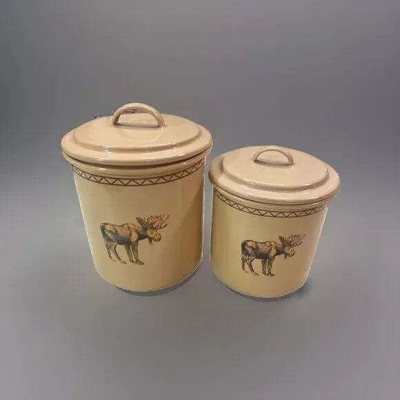 Marble Canyon Enamelware Moose Canisters  Set of 2 Cream Beige Vintage Style