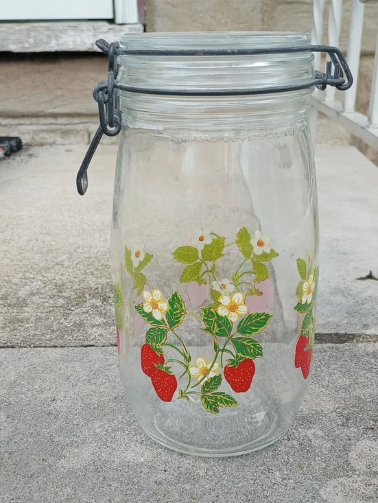 Vintage Clear Glass Round Strawberry/Floral 1.5 Liter Canister. Red Green Yellow