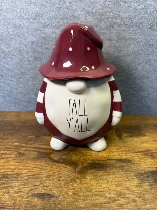 Rae Dunn Fall Y'all Gnome Figural Cookie Jar Canister with Lid Maroon White