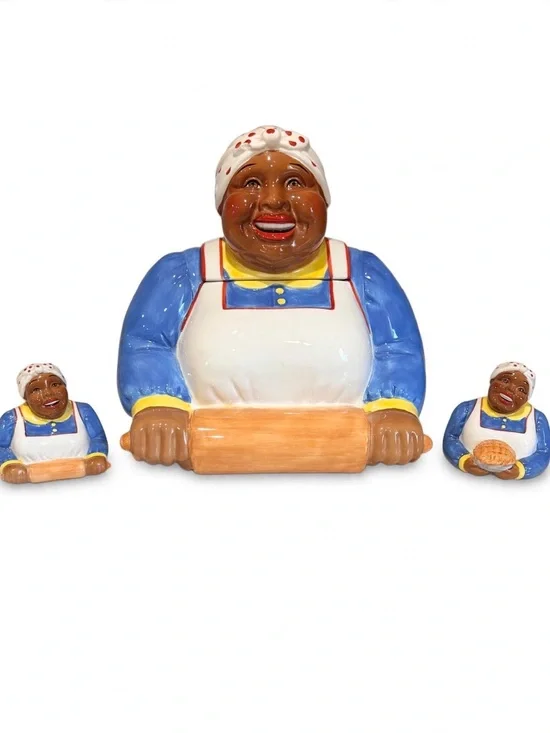 Clay Art StoneLite Mammy Cookie Jar w/ Salt & Pepper Shakers Blue Yellow 2001.