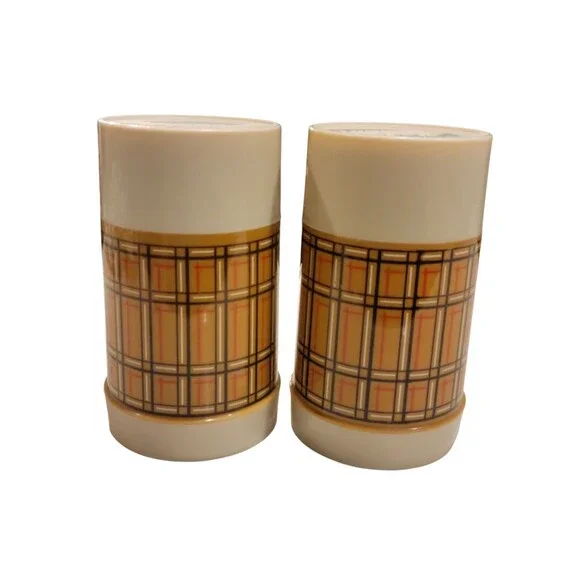 2 Vintage Aladdin Thermos Bottle Wide Mouth Pint WM4040 Plaid Gold/brown