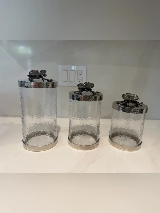 Decorative Glass Canister with Silver Floral Lid - Clear