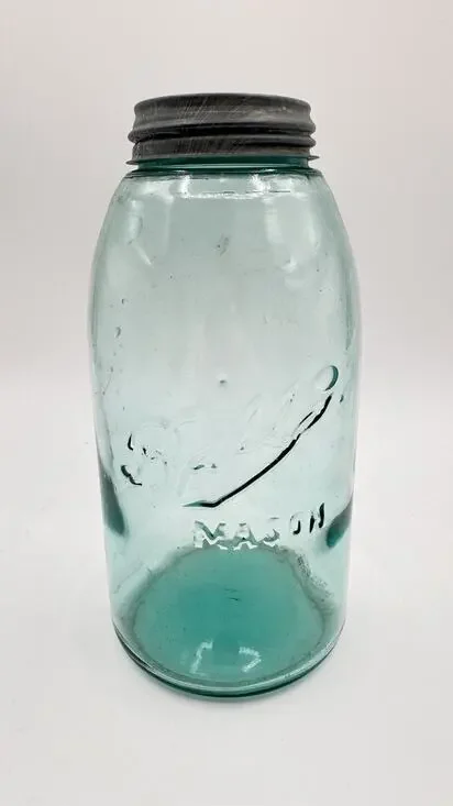 Vintage Ball Mason Jar Aqua Blue Glass Zinc Lid Early 1900s Lots of Bubbles RARE