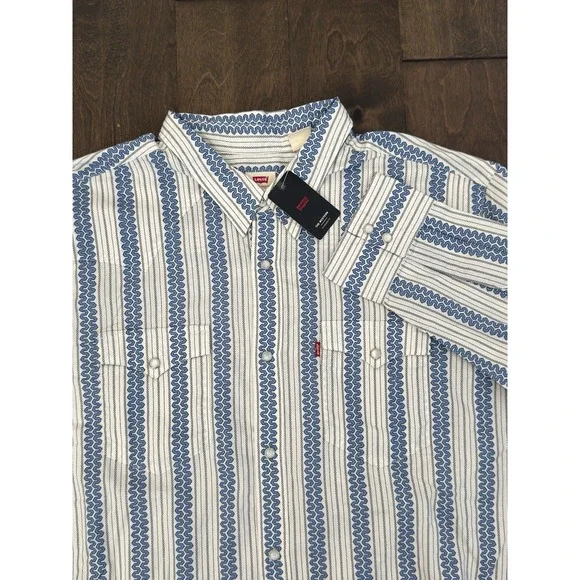 NWT Levis Western Standard Fit Long Sleeve Pearl Snap Shirt Wave Print Blue 2XL