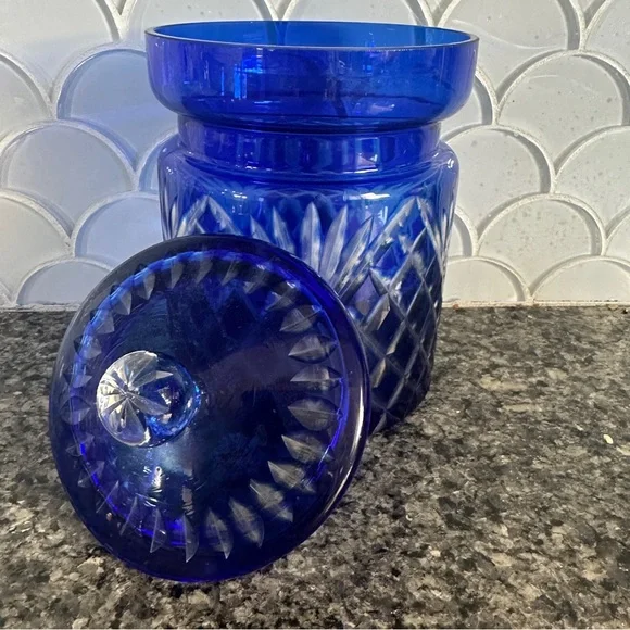 Vintage Cobalt Blue Cut to Clear Crystal Czech Bohemian Cookie Biscuit Jar