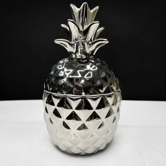 222 Fifth Hala Kahiki Silver Metalic  Pineapple Ceramic Lidded Canister Jar 8