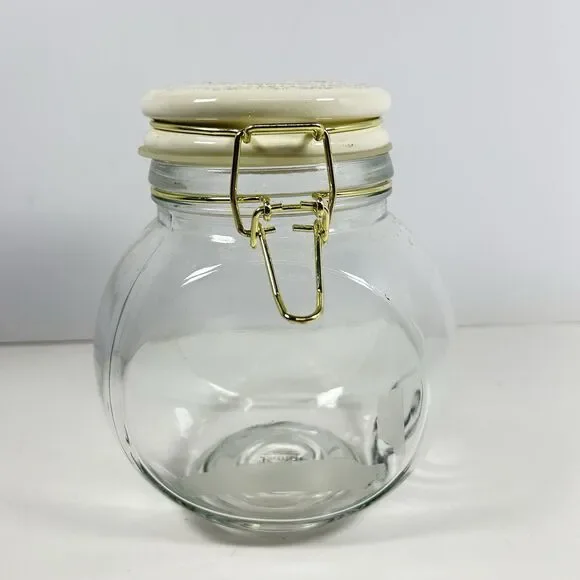 American Atelier Bianca Tile Clear Glass Canister Cookie Jar Gold Wire Bail Lid