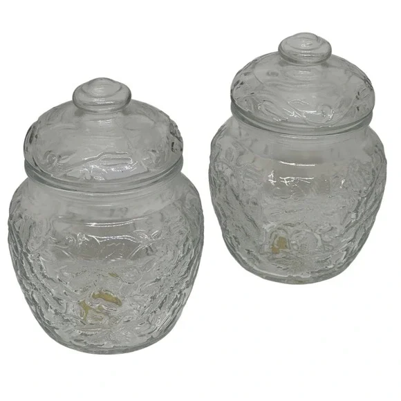 Princess House Fantasia Glass Canisters Clear Floral Embossed‎ Set of 2 USA