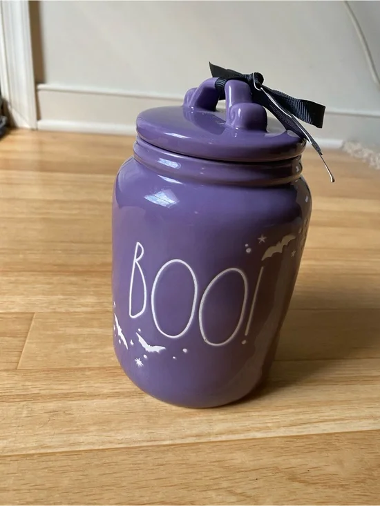 2024 Rae Dunn BOO baby ceramic Halloween canister featuring white bat and stars