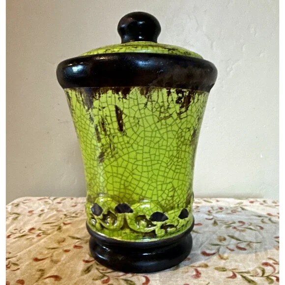 Vintage Tuscan Lime Green Crackle Glaze Ceramic Canister - Lidded Scrollwork Jar