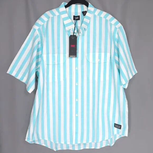LEVI’S New Blue White Striped Button Shirt Two Horse Patch 100% Cotton Men LARGE