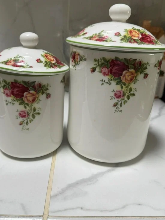 Royal Albert White Porcelain Canister Set with Pink and Yellow Rose Pattern