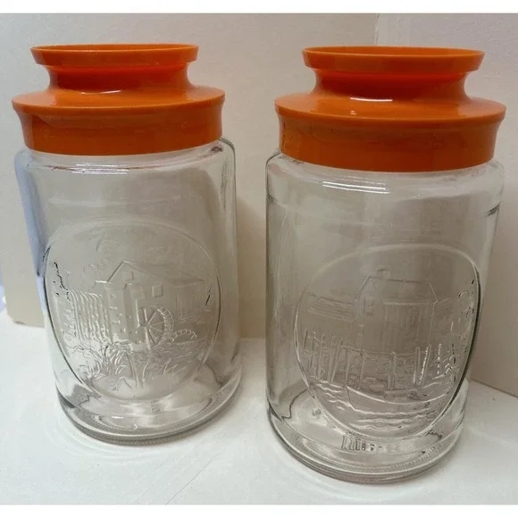 Vintage Glass Canisters Orange Lid‎ Tang Anchor Hocking Wharf And Wheel House 7