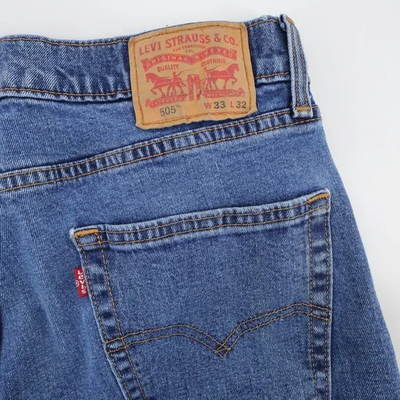 Levis 505 Regular Fit Straight Jeans Stretch Denim Blue Full Length Mens 33x32
